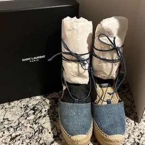 Saint Laurent Blue and Tan Platform Espadrilles